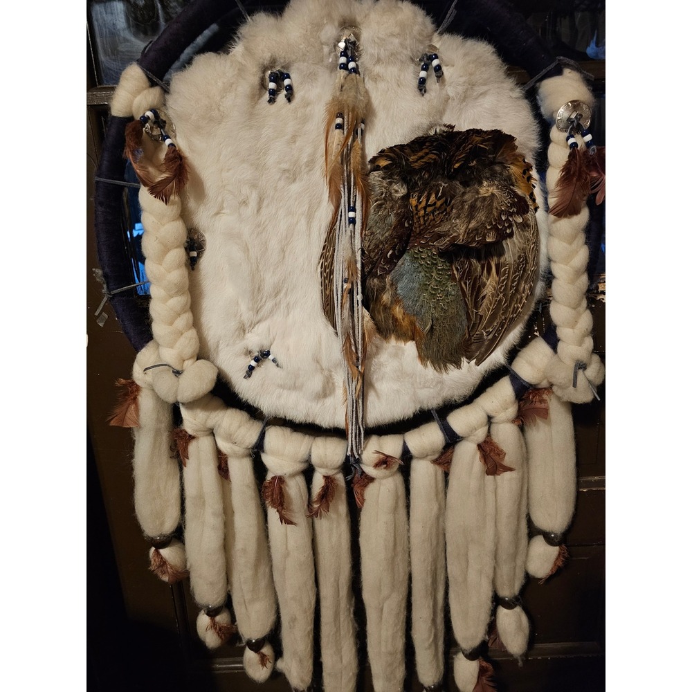 Large Rabbit Fur Pheasant Feather Dreamcatcher Wall Hanging 24" Hoop 47" Long